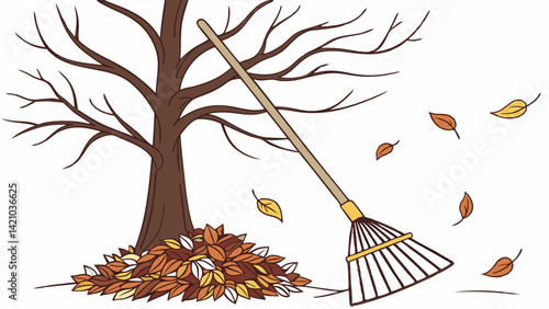 Autumn Leaves Raking Illustration Fall Yard Cleanup with Tree and Rake