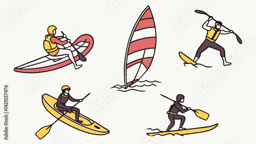 Summer Water Sports Activities Paddleboarding Kayaking Windsurfing Canoeing Illustration
