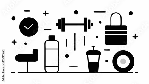 Vector collection of gym themed line editable icons including workout gear exercise poses and fitness accessories perfect for use in digital wellness platforms and gym flyers