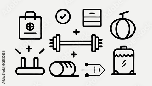 Editable gym line icons set with modern fitness illustrations showcasing gym equipment cardio training tools and weightlifting accessories for health related design projects
