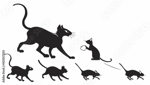 Black and White Silhouette Cartoon Cat and Mice Chase