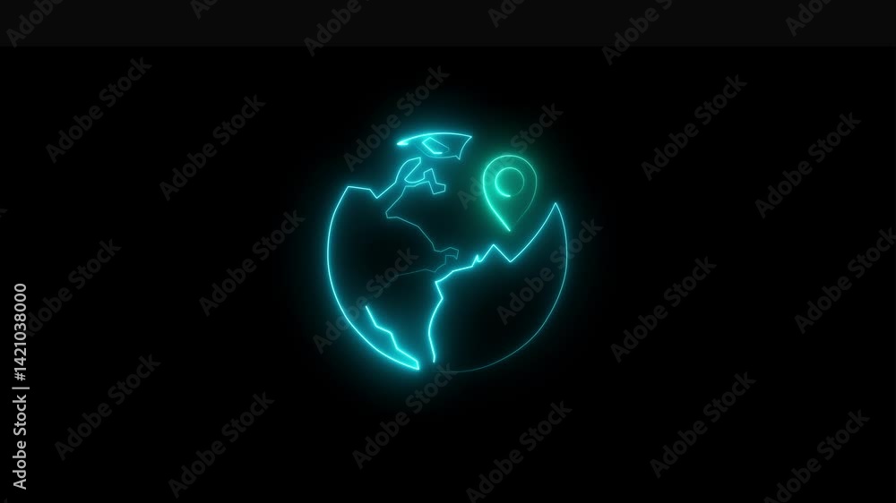 Glowing Neon Geo earth location Icon Isolated on Black Background. HD Video Graphic Animation Glowing Neon Geo earth location Icon Isolated on Black Background. HD Video Graphic Animation