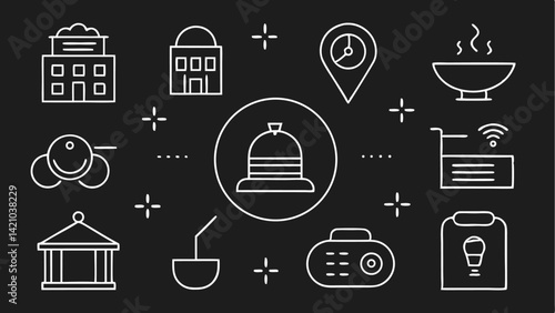 Hotel line icons set in editable vector format, showing hospitality services, accommodation facilities, and room service items for travel websites and booking apps