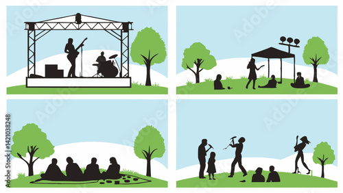 Outdoor Park Events Silhouettes Illustration Park Music Festival Stage Picnic Games Leisure Green Trees Blue Sky Vector Illustration