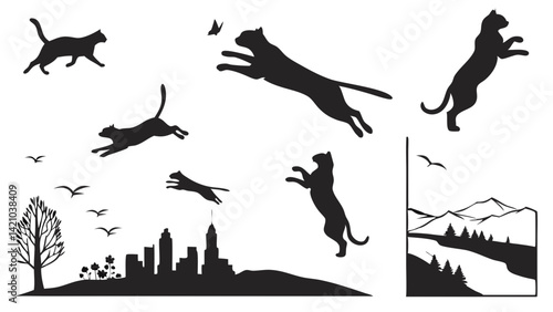 Black Vector Cat Silhouettes: Jumping Cats, City Skyline, Nature Art