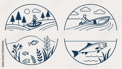 Paddleboard Kayak Fishing Line Art Vector Icons
