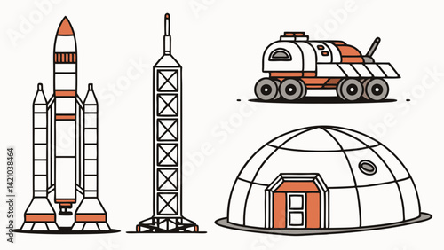 Space Exploration Rocket Launch Tower Rover Dome Flat Design Style Image
