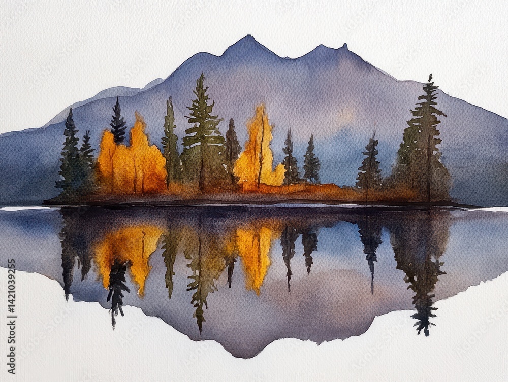 Fototapeta premium Watercolor Reflection Forest edge meets mountain lake trees mirror in water