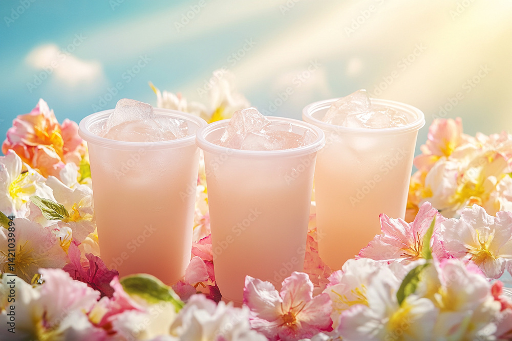 Three plastic cups with iced drinks surrounded by subtle flowers, illuminated with sun rays, with pastel colors Three plastic cups with iced drinks surrounded by subtle flowers, illuminated with sun rays, with pastel colors