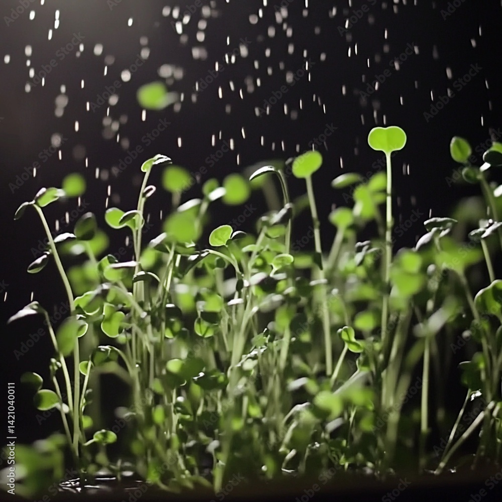 Fresh seedlings thrive under gentle rain in a garden setting, reflecting nature's growth and vitality in a close-up view Fresh seedlings thrive under gentle rain in a garden setting, reflecting nature's growth and vitality in a close-up view