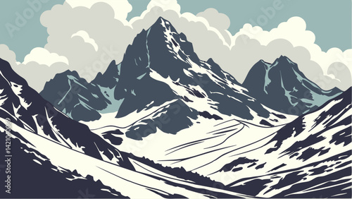 Stylized Snowy Mountain Landscape Vector Art