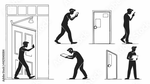 Phone Distracted Walking Door Accidents Black and White Line Art Illustration