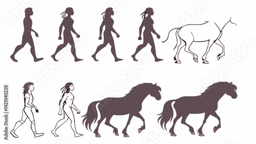 Woman and Horse Walking Animation Silhouette Line Art Sequential Frames
