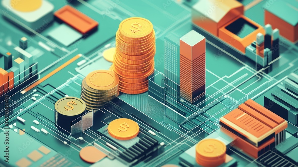 Abstract Financial Growth: A Digital Metropolis of Coins and Buildings Abstract Financial Growth: A Digital Metropolis of Coins and Buildings