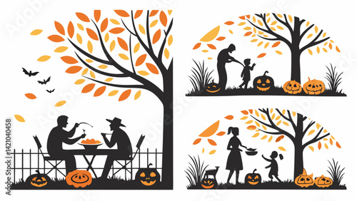 Halloween Family Silhouettes Vector: Autumn Outdoor Scene with Pumpkins, Trees, Falling Leaves, and Family Fun