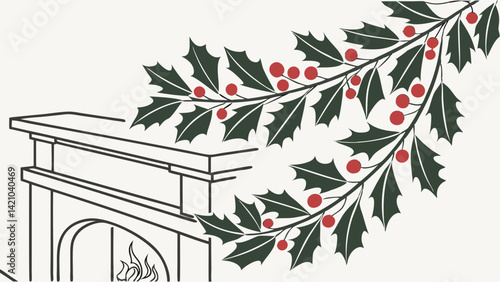 Christmas Holly Berries Fireplace Mantel Line Art Decoration
