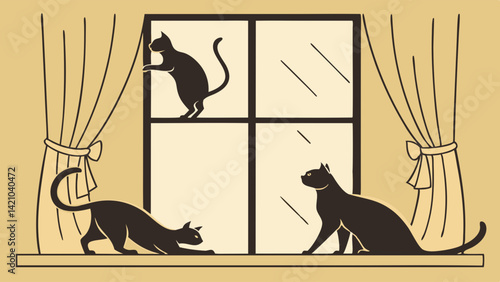 Black Cats on Window Sill with Curtains Vintage Style Vector Illustration