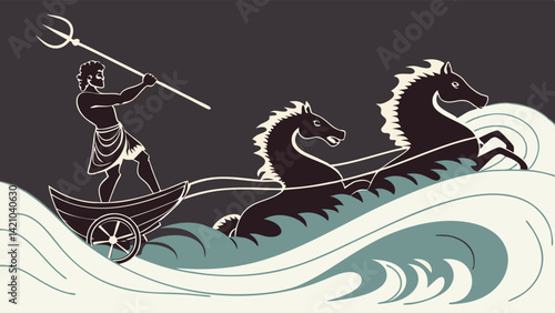 Greek God Poseidon Neptune Trident Chariot Sea Horses Ocean Waves Vector Illustration