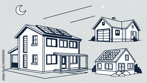 Residential Solar Homes Night Scene Line Art Illustration