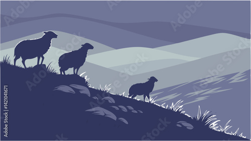 Sheep Silhouettes Hillside Landscape Vector Art Blue Grey