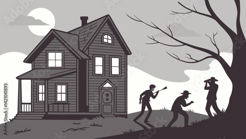 Eerie Noir House Night Silhouettes Mystery Art