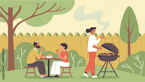 Backyard BBQ Family Grill Flat Vector Art