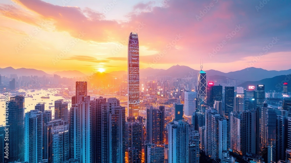Fototapeta premium Urban city at sunset with holographic circuit overlays illuminating the streets and skyscrapers, blending real and digital worlds