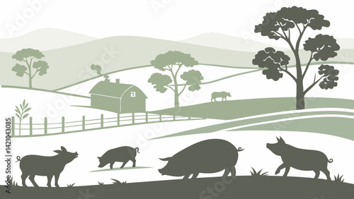 Green Silhouette Pig Farm Vector Illustration Rural Countryside Landscape with Pigs House and Trees
