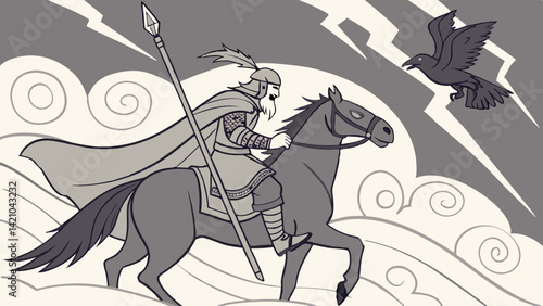 Warrior on Horseback Raven Stormy Sky Grayscale Cartoon Illustration