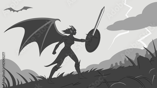 Valkyrie Winged Warrior Silhouette Sword Shield Dark Fantasy Grayscale Art