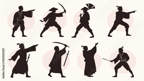 Samurai Silhouettes Set: Japanese Martial Arts Sword Action Poses