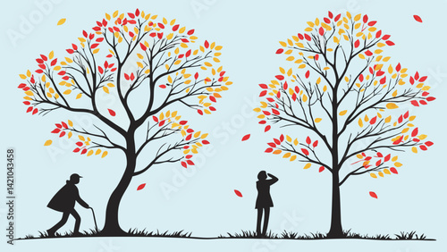 Autumn Trees Red Yellow Leaves Silhouettes People Vector Art