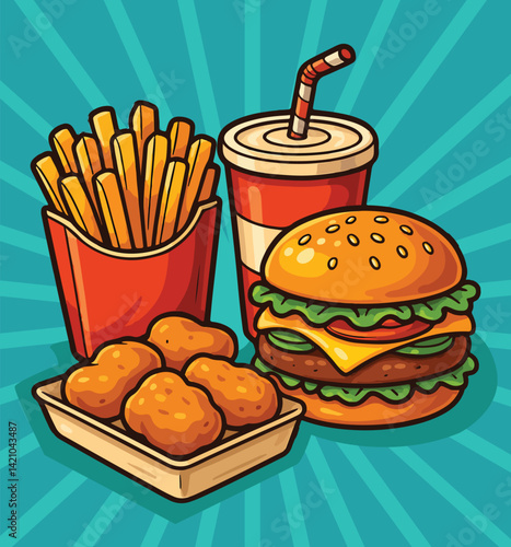 Classic Cartoon Fast Food Meal Vector Illustration
