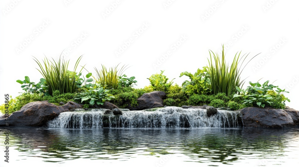 Fototapeta premium Serene Waterfall with Lush Greenery and Calm Reflections