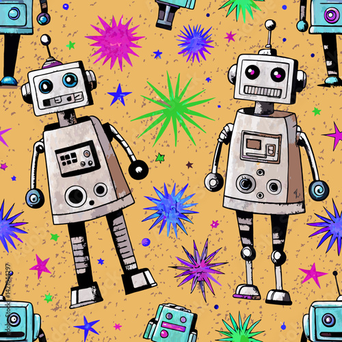 Seamless robotic silhouette background in silver-gray with colorful bursts, futuristic human-tech fusion in whimsical thoughtful style  