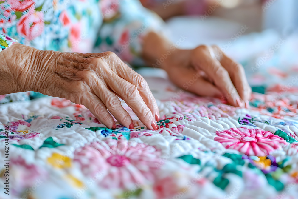 Fototapeta premium Elderly Woman's Hands Quilting a Floral Fabric