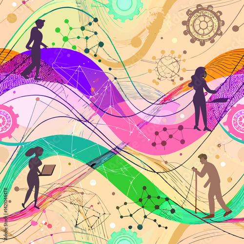 Seamless algorithm background in soft pastels with flowing lines and shapes, modern digital data visualization with ethereal tech aesthetic 
