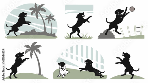 Black Labrador Dog Silhouette Vector Art Playful Pet Graphics Set Jumping Fetch Ball Palm Trees Fence Design Elements Pack