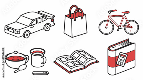 Simple Red Line Art Icons of Everyday Items: Car, Bag, Bike, Book, Mug, Soup, Spoon, Calculator, Photo Album