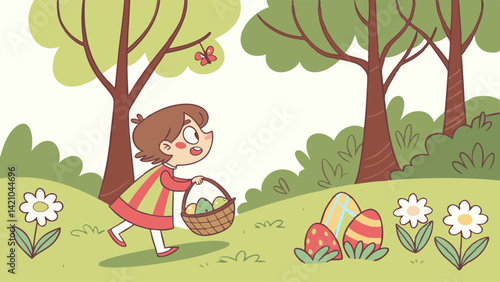 Cute Cartoon Girl Easter Egg Hunt Basket Spring Flowers Trees Vector Art