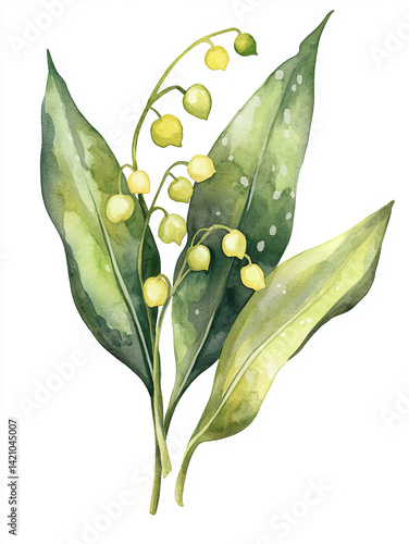 watercolor lily of the valley, green leaves clip art preview