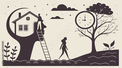 Conceptual Dreamy Silhouette Illustration Woman Mind House Time Tree Night