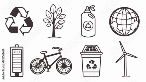 Environmental Sustainability Line Art Icons Recycle Tree Globe Battery Bike Wind Turbine