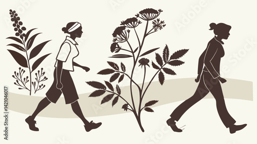 Botanical Illustration Women Walking Vector Brown Silhouette