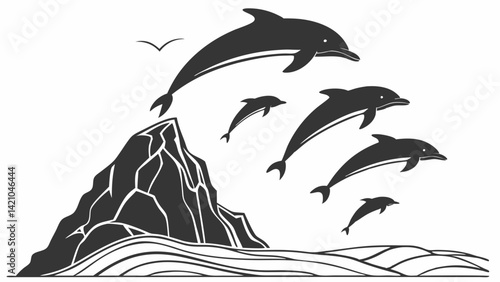 Dolphins Jumping Ocean Cliff Black and White Art