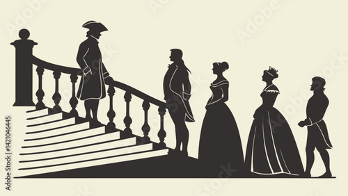 Elegant Historical Silhouette People on Stairs Art