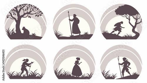 Vintage Silhouette Art People Walking Journey Nature Vector