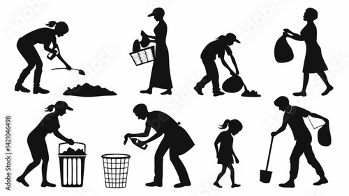 Cleaning Silhouettes People Doing Housework Yardwork and Trash Removal