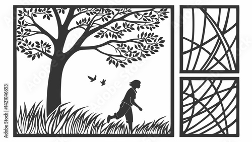 Laser Cut Black & White Nature Scene: Tree, Running Woman, Birds, Geometric Panels