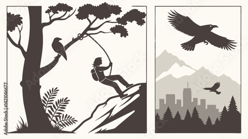 Silhouette Rock Climber Bird Tree Outdoor Adventure City Mountain Scene